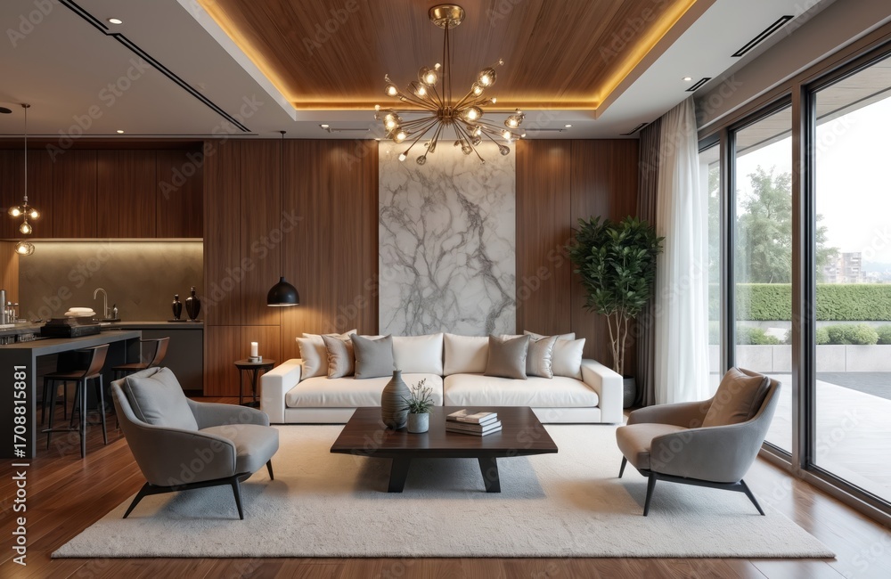 Fototapeta premium Modern luxury living room interior with plush white sofa, accent chairs, dark wood coffee table. Sleek kitchen area visible. Large windows offer natural light. Warm wood paneling, marble accent wall