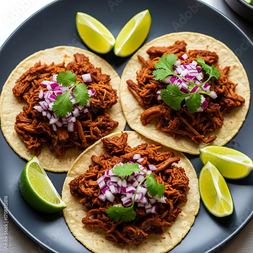 Delicious pulled pork tacos garnished with fresh lime wedges and cilantro on a plate