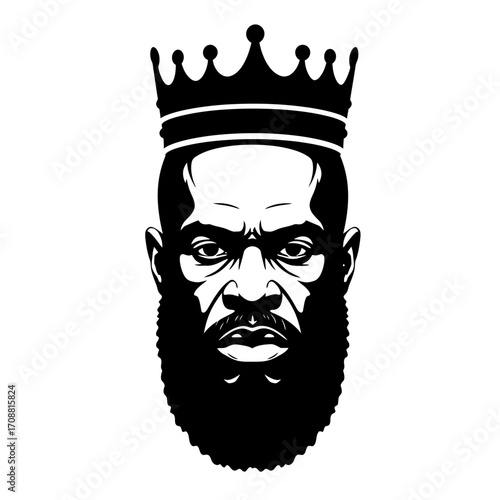 Powerful black man wearing a royal crown with a stern expression and full beard