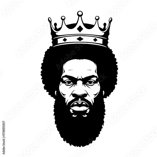 Powerful black man with majestic crown and full beard expressing determination and strength