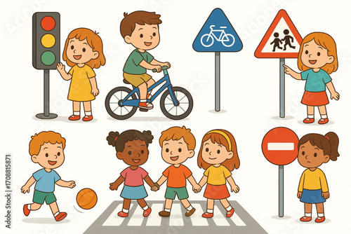 Vector illustration of children learning road safety with traffic signs, crosswalk, and bicycle