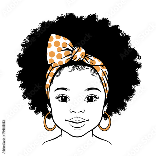 Close up portrait of a young black girl with a large afro hairstyle and a patterned headband