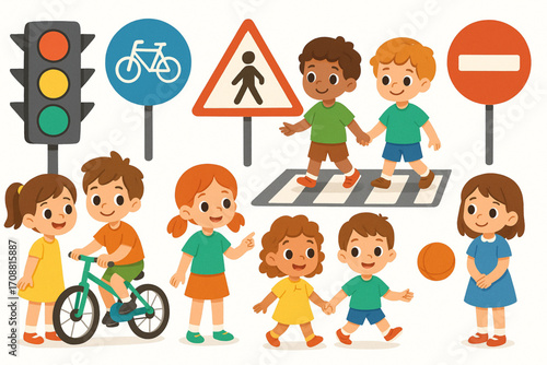 Vector illustration of children learning road safety with traffic signs, crosswalk, and bicycle