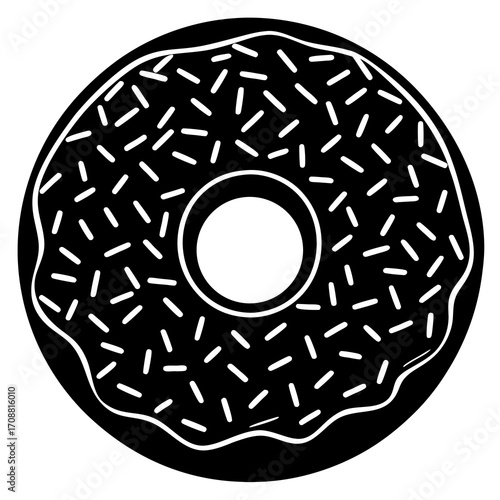 Stylized black and white illustration of a donut with white sprinkles and a hole in the center