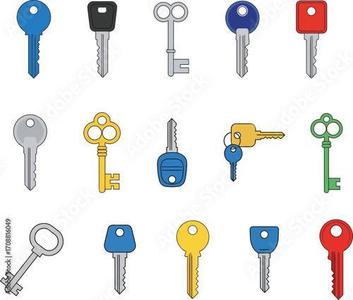 A collection of 15 different colorful key icons in a flat design style a vector set of various house, car and vintage antique skeleton keys for security, privacy and solutions concepts