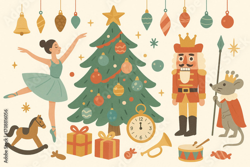 Whimsical Nutcracker ballet vector illustration with Christmas tree, ballerina, Nutcracker soldier, Mouse King, and festive decorations
