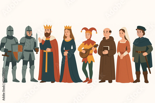 Vector illustration of medieval characters including knights, king, queen, jester, monk, nobles, and court figures