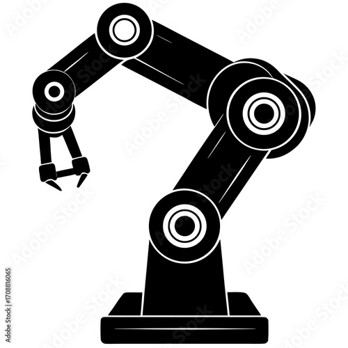 Black silhouette of an industrial robotic arm with a gripper on a white background