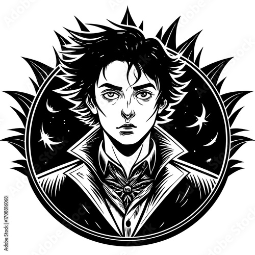 Dramatic black and white illustration of a young man with spiky hair and a starry night background
