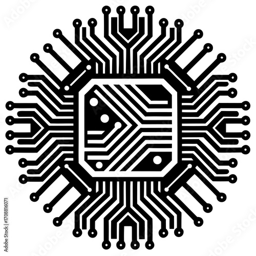 Abstract circular circuit board design with central processor microchip and radial connections