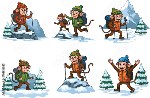 Cute hiking monkeys in winter mountains, cartoon animals with backpacks, snow trekking adventure, mountain climbing scene, fun vector illustration.