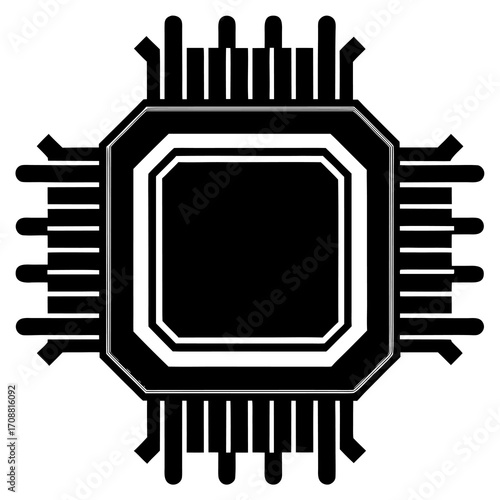 Black and white graphic illustration of a computer processor chip with multiple pins