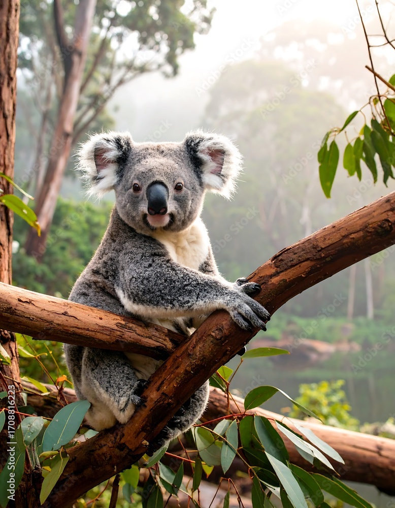 Obraz premium A koala sits on a branch, looking directly at the camera. Fluffy, serene