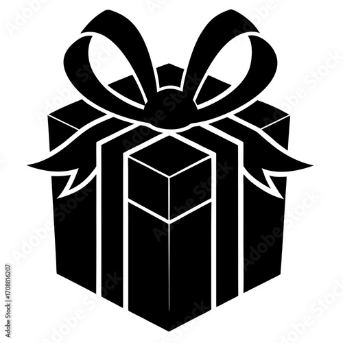 Simple black silhouette of a gift box with a ribbon and bow on a white background