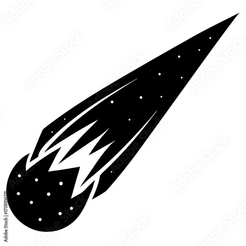 Stylized black silhouette of a comet or meteor streaking across a white background with a fiery tail and small dots representing stars