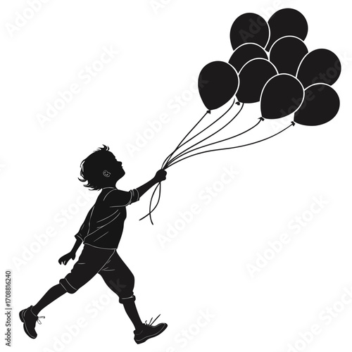 Child running with balloon bunch
