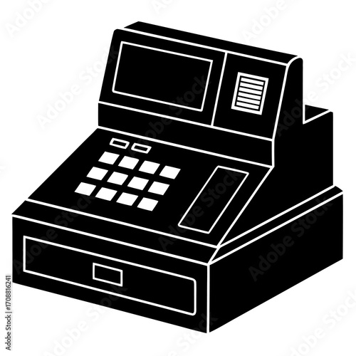 Black and white illustration of a cash register with a keypad and display screen