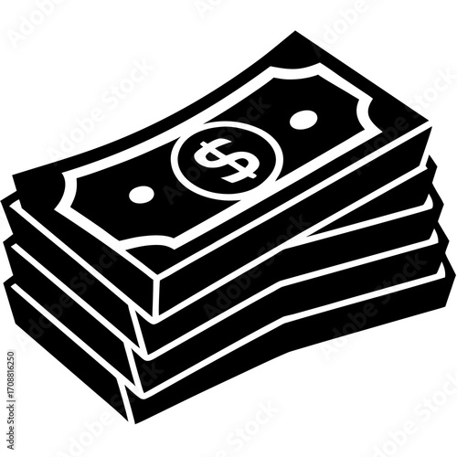 Black and white icon of a stack of dollar bills with a dollar sign on the top bill