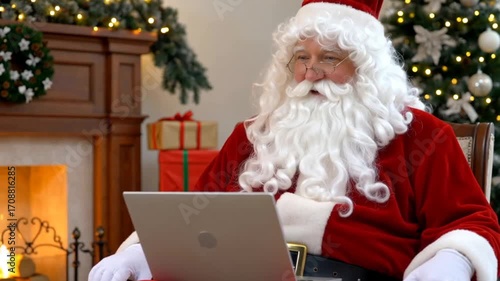 Jolly Santa Claus Uses Laptop in Cozy Christmas Living Room with Fireplace and Tree