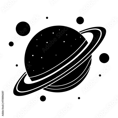 Stylized black silhouette of a ringed planet with stars and orbiting celestial bodies against a white background