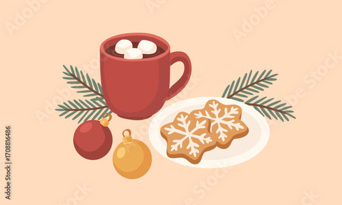 Christmas holiday composition with hot chocolate in red mug with marshmallows, festive gingerbread cookies with snowflake icing on plate, Christmas tree branches and colorful baubles, cozy winter mini
