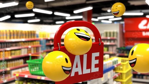 Joyful 3D Emojis Interact with Dynamic Red SALE Tag in a Vibrant Supermarket Setting