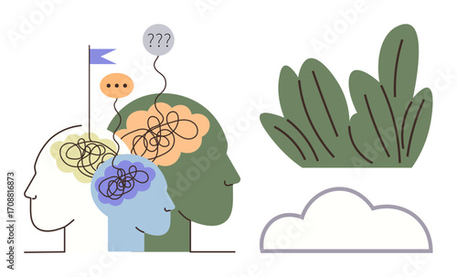 Heads with tangled lines, speech bubbles, a flag, leaves, and a cloud engage in creative and critical thinking. Ideal for teamwork, communication, brainstorming, psychology growth leadership