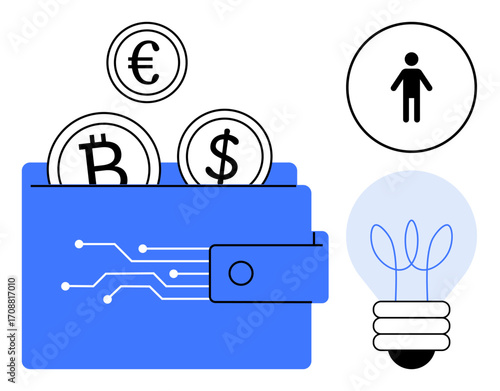 Digital wallet with cryptocurrency and currency coins, a person icon, and lightbulb symbolizing innovation. Ideal for finance, technology, investment, cryptocurrency, ideas, banking education