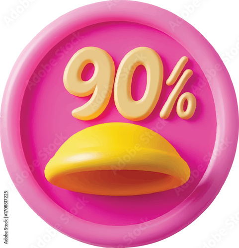 Pink Circle with Yellow 90% Discount Text and a Yellow Dome Shape on a White Background sale