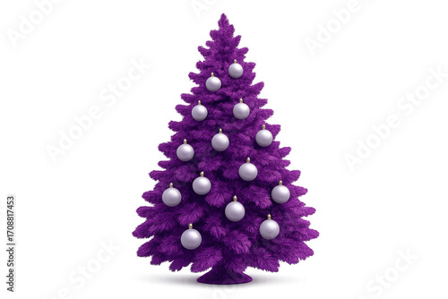Purple christmas tree with silver baubles on transparent background