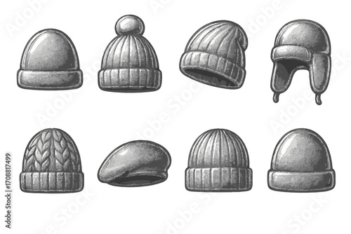 Winter hats silhouette icon set. featuring beanie, bobble, beret, ushanka, knit, ribbed, and earmuffs