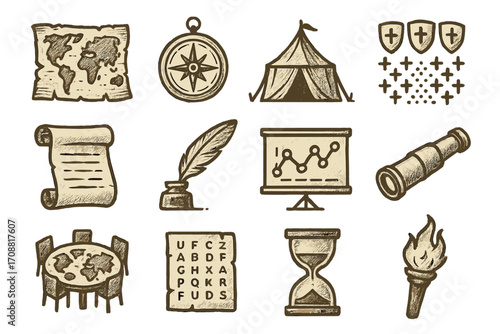 Adventure silhouette icon set. featuring map, compass, tent, shield, scroll, quill, chart, telescope, globe, eye chart, hourglass, torch