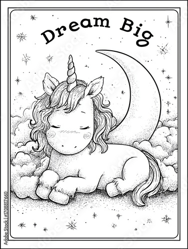 Unicorn dreaming peacefully on a cloud under a moonlit sky with stars