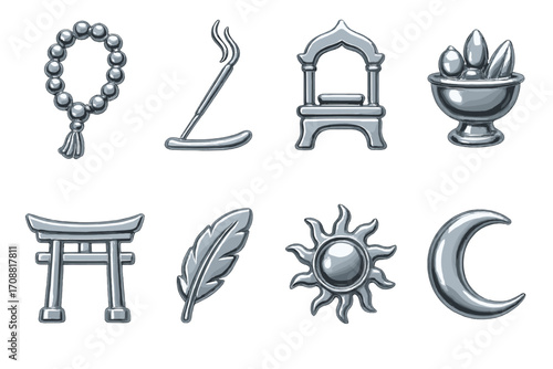 Zen and spirituality linear icon set. featuring mala, incense, altar, offering bowl, torii gate, feather, sun, moon