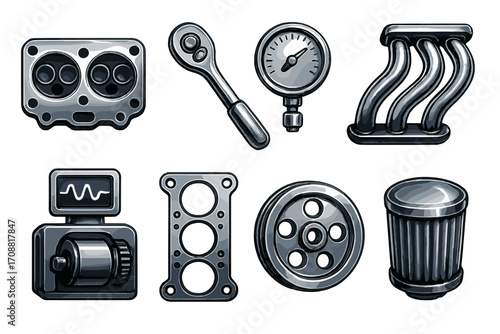 Automotive parts silhouette icon set. featuring engine block, ratchet, gauge, exhaust, monitor, flange, pulley, and filter