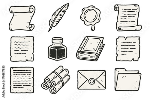 Writing tools silhouette icon set. featuring scrolls, quill, wax seal, inkwell, book, documents, envelope, folder