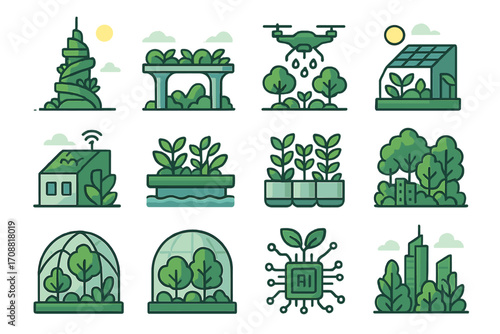 Green architecture linear icon set. featuring spiral building, green bridge, drone, greenhouse, smart home, and ai chip symbols