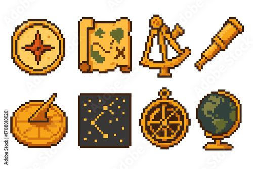 Navigation and exploration pixel icon set. featuring compass, map, sextant, telescope, sundial, star chart, globe