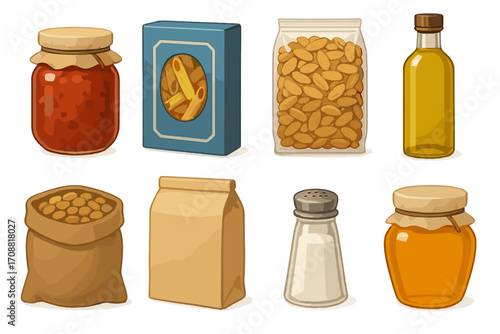 Grocery supplies flat icon set. featuring jam, pasta, nuts, oil, grains, salt, and honey