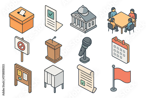 Election and voting isometric icon set. featuring ballot box, vote, government building, meeting, podium, and microphone symbols