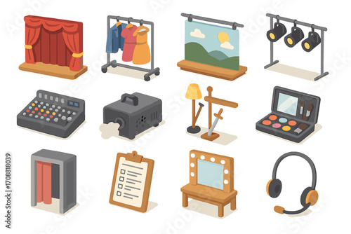 Theater equipment flat icon set. featuring stage, costumes, lighting, mixer, smoke machine, and makeup symbols