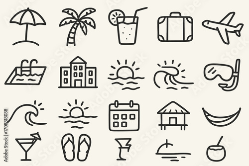 Travel and leisure linear icons set. including umbrella, palm, drink, luggage, plane, pool, hotel, sunset, wave