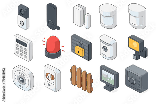 Home security isometric icon set. featuring camera, lock, siren, keypad, sensor, and alarm symbols