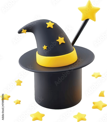Black wizard hat with yellow stars and a yellow band with a magic wand on a white background Keywords: wizard, magic, hat, stars, yellow, black, wand, spell