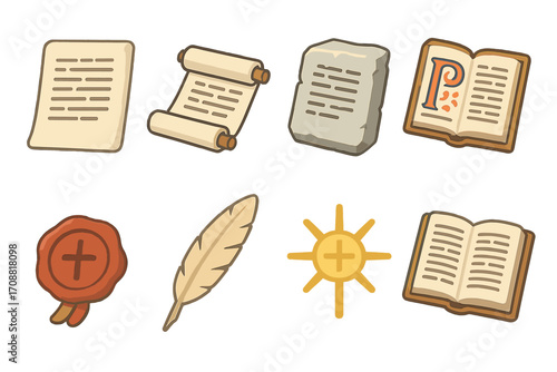 Medieval writing flat icon set. featuring document, scroll, stone tablet, manuscript, seal, quill, sun symbol, and book