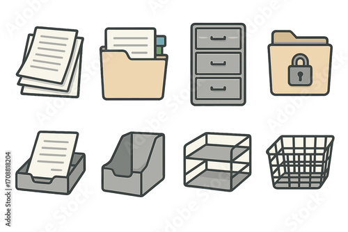 Office supplies flat icon set. featuring paper, folder, drawer, secure folder, document tray, file rack, shelf, basket.