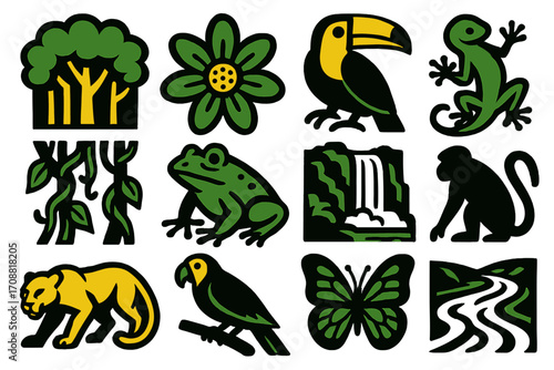Rainforest animals silhouette icon set. featuring tree, flower, toucan, gecko, vine, frog, waterfall, monkey
