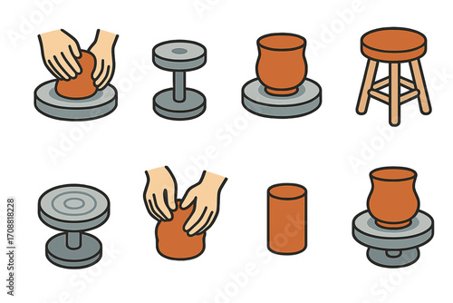Pottery craft flat icon set. featuring hands, wheel, vase, stool, shaping, sculpting, clay, and pottery symbols