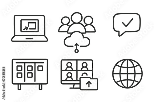 Technology communication silhouette icon set. featuring laptop, cloud, chat, virtual meeting, and globe symbols