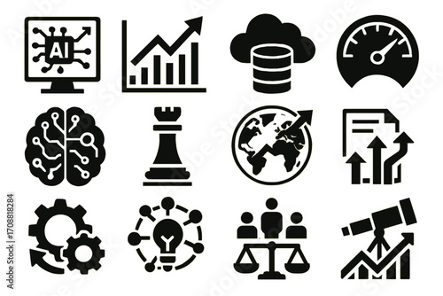 Business growth silhouette icon set. featuring ai, analytics, performance, strategy, global, and innovation symbols